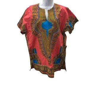 Afrivintage Womens XL Dashiki Tunic Top Coral Pink African Wax Print Pockets